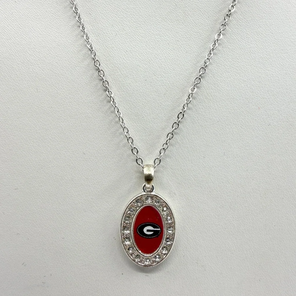Georgia Bulldogs Sports Logo Oval Pendant Necklace Silver Tone Crystal Accent
